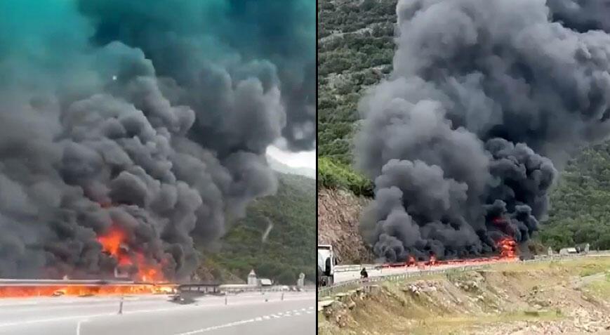 Antalya’da devrilen boya ve tiner yüklü TIR, alev alev yandı